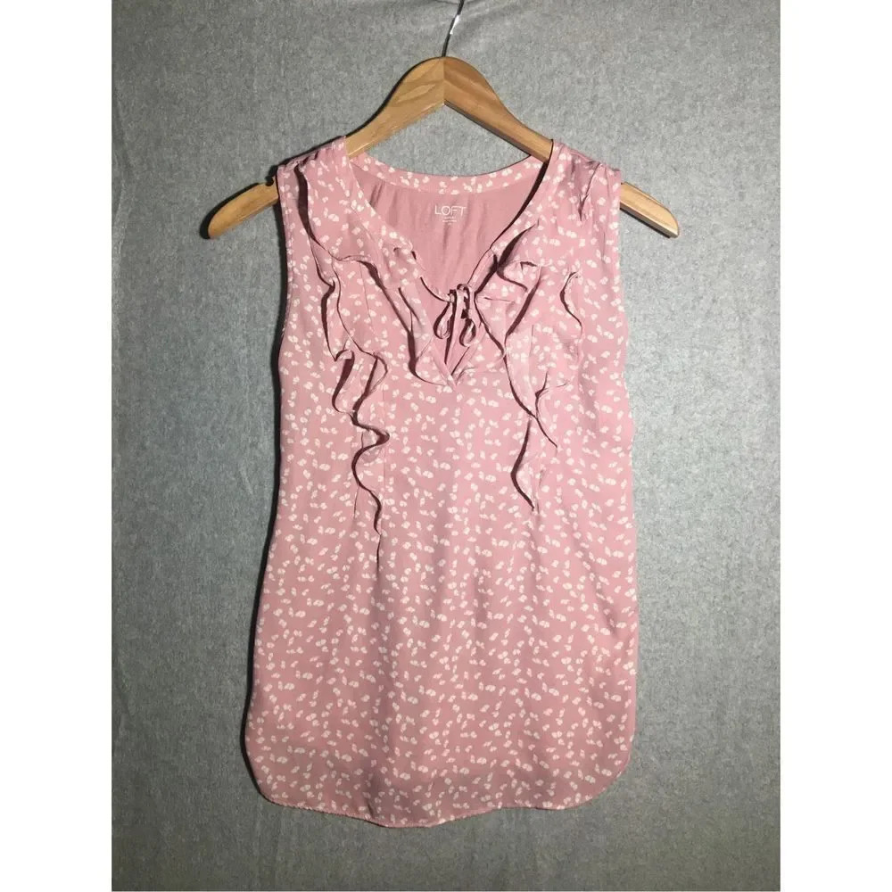 Womens Loft Tank Top Floral Ruffle Feminine Romantic Pink White Summer